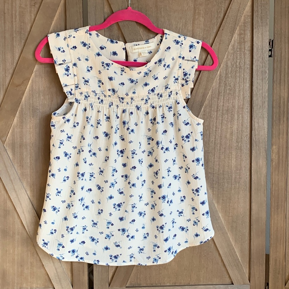 Cream Blue Floral Cottage Core Blouse Small